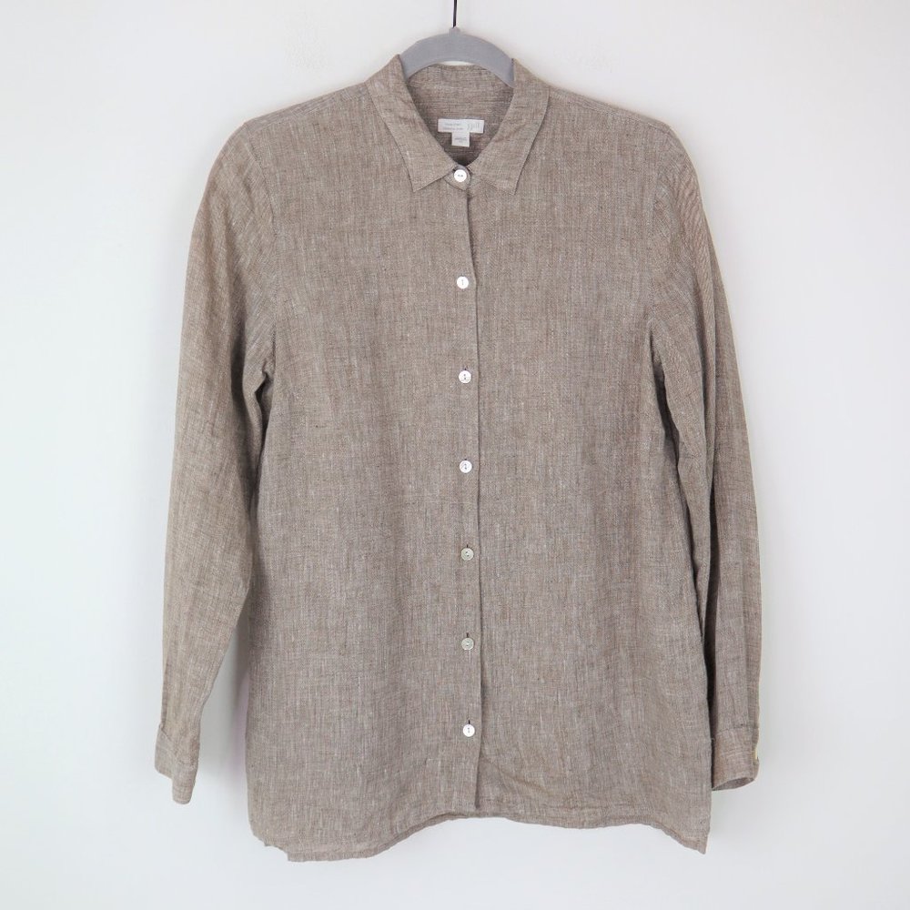 J Jill Linen Women's XS Button Up Shirt - beige Long Sleeve Collared.
